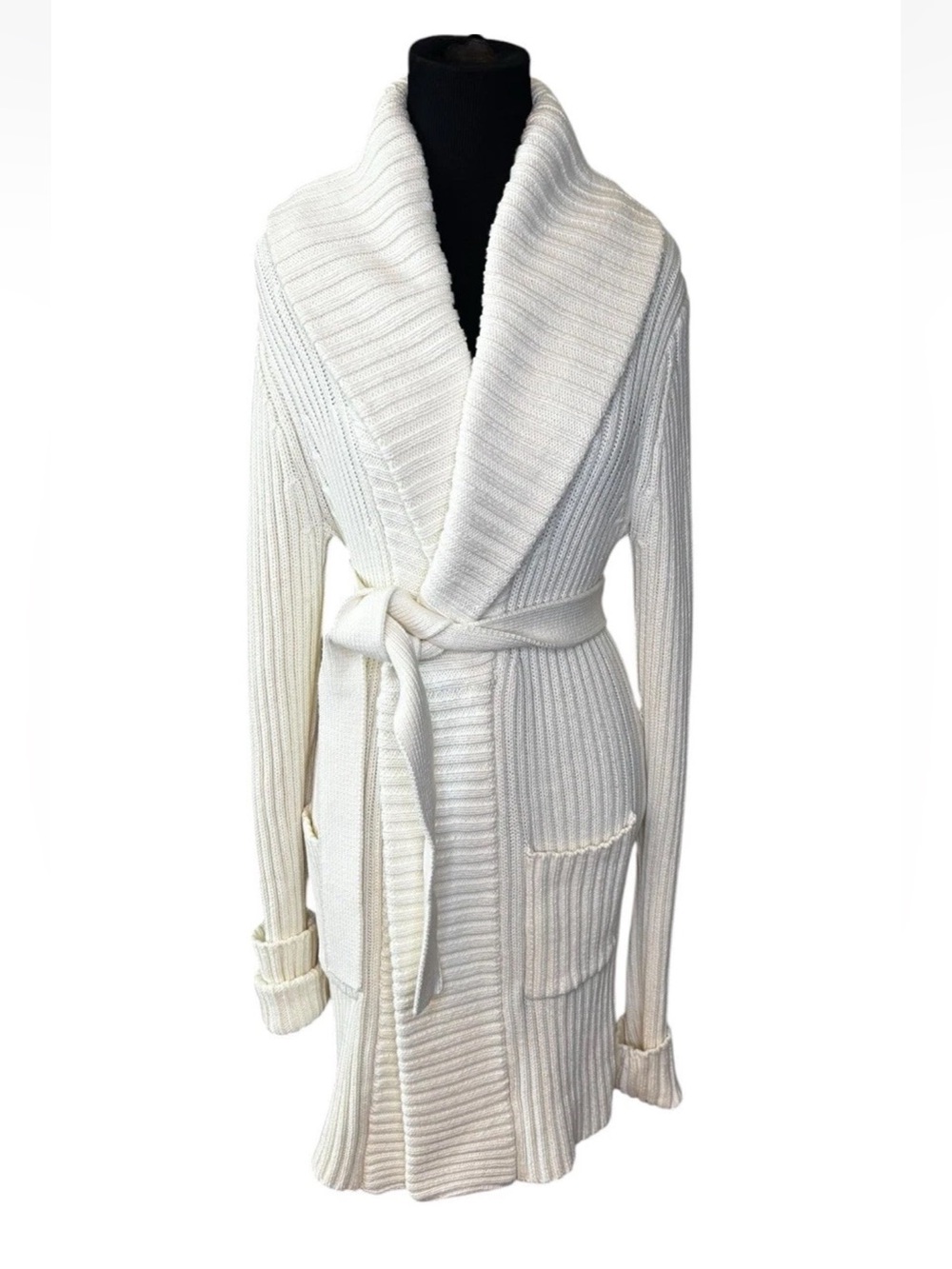POLO Ralph Lauren Shawl Collar Cotton Cardigan Cream Size Small S Sweater Belted - Picture 4 of 7
